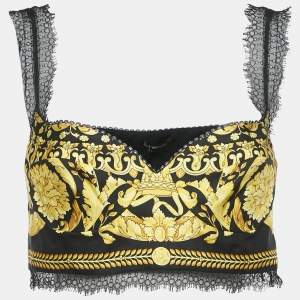Versace Black/Yellow Baroque Print Silk and Lace Bralette Top M