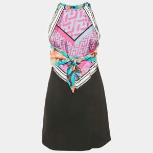 Versace Pink/Black Silk and Crepe Mixed Media Halter Neck Mini Dress S