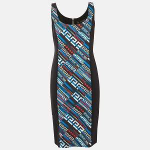 Pre Owned Versace Black & Printed Crepe Sleeveless Sheath Dress L