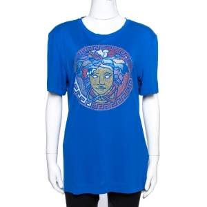 Pre Owned Versace Blue Jersey Medusa Icon Studded T-Shirt L