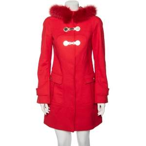 Versace Red Wool And Fur Trimmed Hooded Mid Length Coat S