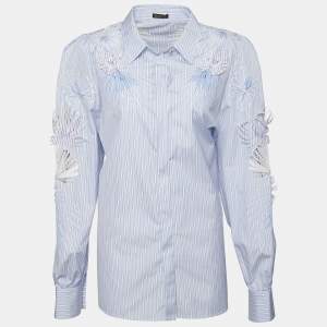 Versace Blue Striped Cotton Floral Applique Button Front Shirt M