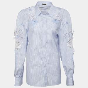 Versace Blue Striped Cotton Floral Applique Button Front Shirt L