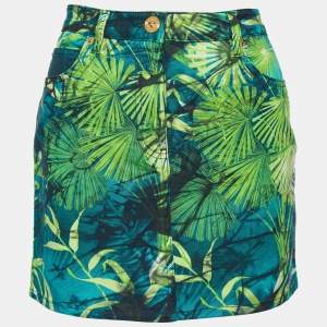 Pre Owned Versace Green Jungle Print Denim Mini Skirt S