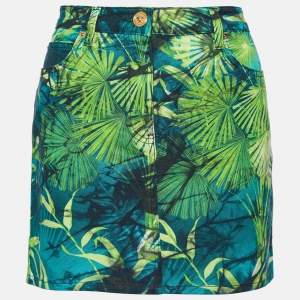 Pre Owned Versace Green Jungle Print Denim Mini Skirt M