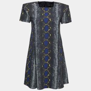 Pre Owned Versace Grey Snake Print Crepe Flared Mini Dress L