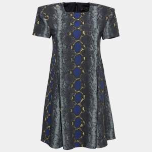 Versace Grey Snakeskin Print Crepe Flared Mini Dress S