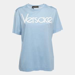 Versace Light Blue Cotton Logo Embroidered Tribute T-Shirt M