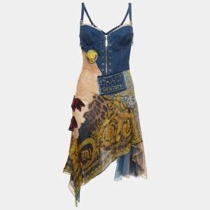 Versace Vintage Blue Applique Denim and Nylon Asymmetric Corset Dress M