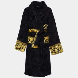 Pre Owned Versace Home Black Logo Terry Cotton Baroque Tie-Waist Bathrobe L