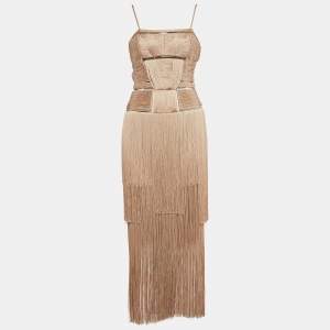 Versace Beige Silk Tassel Shoulder Strap Maxi Dress S
