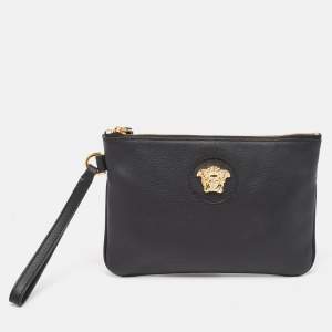Versace Black Leather La Medusa Wristlet Clutch
