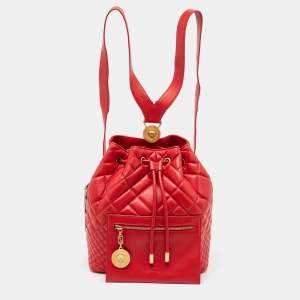 Versace Red Quilted Leather Medusa Tribute Drawstring Backpack