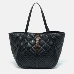 Versace Black Quilted Leather Large Greca Goddess Tote