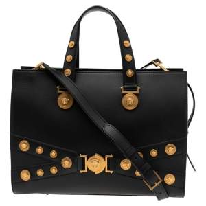 Pre Owned Versace Black Leather Tribute Medussa Studded Tote