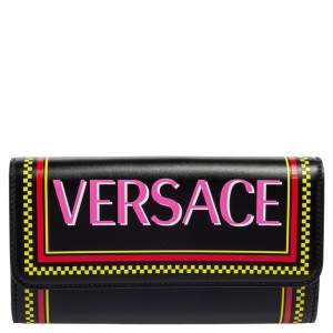 Pre Owned Versace Black Leather Vintage Logo Flap Continental Wallet