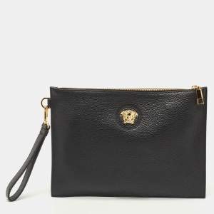 Versace Black Leather Medusa Wristlet Zip Pouch