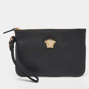 Versace Black Leather La Medusa Wristlet Clutch