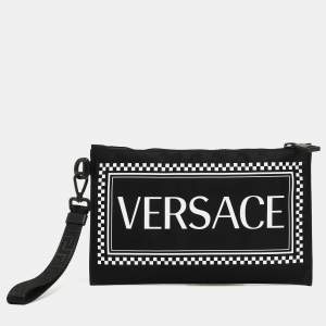 Versace Black/White Nylon Logo Slim Wristlet Pouch