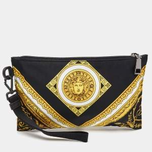 Versace Black/Gold Baroque Medusa Print Nylon Wristlet Pouch