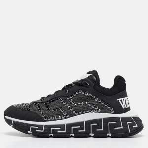 Versace Black Lurex Fabric and Leather Trigreca Sneakers Size 38