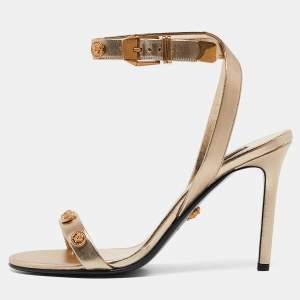 Versace Gold Leather Medusa Studded Ankle Strap Sandals Size 38
