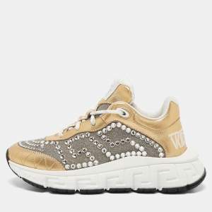 Versace Gold/Silver Leather and Lurex Fabric Trigreca Sneakers Size 36