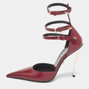 Versace Burgundy Brushed Leather Pin-Point Ankle Strap Pumps Size 36