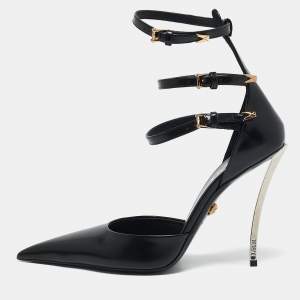 Versace Black Brushed Leather Pin-Point Ankle Strap Pumps Size 39