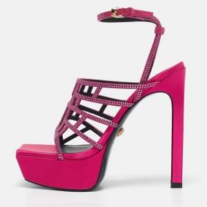 Versace Pink Satin Crystal Embellished Platform Sandals Size 39