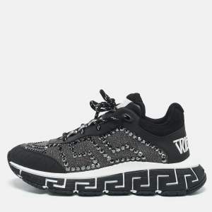 Versace Black/Grey Leather and Lurex Fabric Trigreca Sneakers Size 40