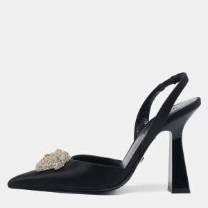 Versace Black Satin Crystal Embellished La Medusa Slingback Pumps Size 35.5