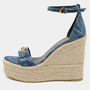 Versace Blue Denim Wedge Espadrille Ankle Sandals Size 39