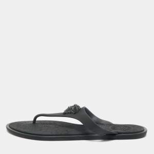 Pre Owned Versace Black Rubber Medusa Thong Flat Slide Size 38.5