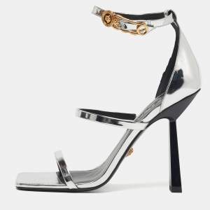 مملوكة مسبقًا Versace Silver Leather Safety Pin Ankle Strap Sandals Size 39
