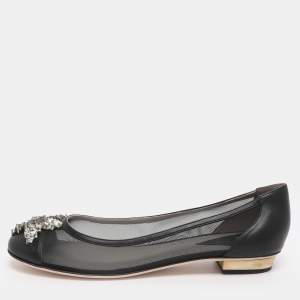 مملوكة مسبقًا Versace Size 39 Black Leather and Mesh Embellished Ballet Flats