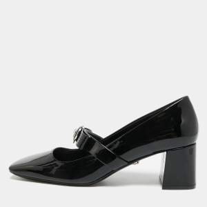 Pre Owned حذاء كعب عالي فيرساتشي جلد براءات اختراع أسود بكعب سميك مزين بشريط جياني مقاس 39