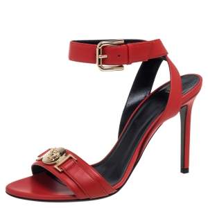 مملوكة مسبقًا Versace Red Leather Medusa Embellished Ankle Strap Sandals Size 38
