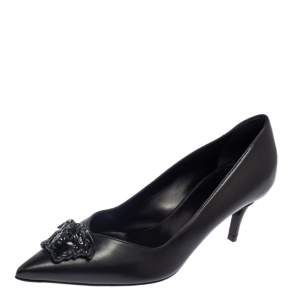 Pre Owned Versace Black Leather Medusa Pointed Toe Pumps Size 37