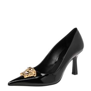 Pre Owned Versace Black Patent Leather Medusa Decollete Pointed Toe Pumps Size 37.5
