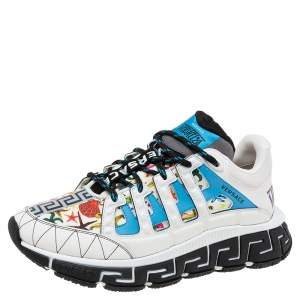 Versace White Leather  And Canvas Tresor de la mer Trigreca Lace Up Sneakers Size 39