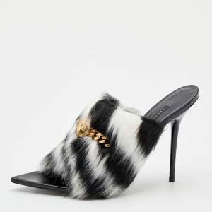 Versace Black/White Faux Fur Medusa Chain Slide Sandals Size 39.5