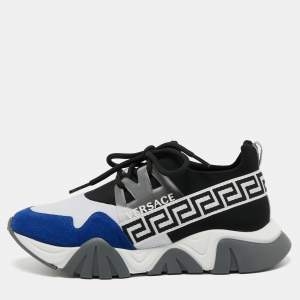 Versace Blue/Black Mesh And Suede Squalo Low Top Sneakers Size 38