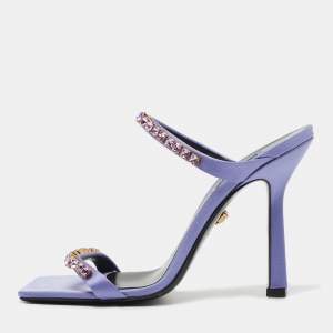 Versace Purple Satin Crystal Embellished Square Toe Slide Sandals Size 40