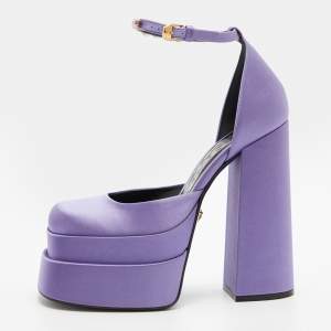 Versace Purple Satin Medusa Aevitas Double Platform Pumps Size 38