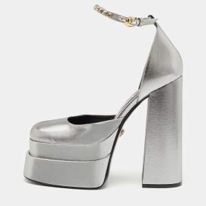 Versace Silver Leather Medusa Aevitas Double Platform Pumps Size 39