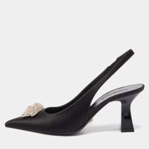 Versace Black Satin Crystal La Medusa Slingback Pumps Size 37