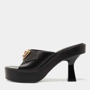 Pre Owned Versace Black Leather Medusa Biggie Platform Slides Sandals Size 38