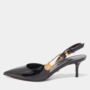 Versace Black Patent Leather Safety Pin Medusa Slingback Pumps Size 36