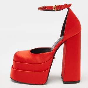 Versace Red Satin Crystal Embellished Platform Block Heel Ankle Strap Pumps Size 37